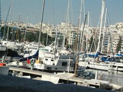 Scenic harbor near Athens with boats and clear sky on July 24, 2006