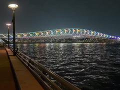 Sabarmati riverfront and Atal Pedestrian Bridge illuminated at night with colorful lights