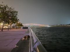 Sabarmati riverfront and Atal Pedestrian Bridge illuminated with colorful lights at night