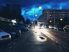 Night view of Pálavák neighborhood in Brno-Vinohrady with illuminated buildings and streetlights
