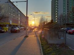 Residential area Brno-Vinohrady during the pandemic with parked cars and buildings