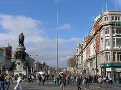 View of O'Connell Street in Dublin with streetcars and historic buildings