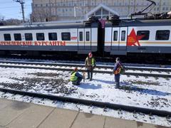 View of Kalanchevskaya platform exit with EP2D electric train before new track construction