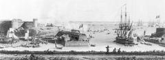 Drawing of Recouvrance harbour viewed from city wall with ships and waterfront buildings