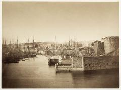 Historical photograph of the entrance to the Port of Brest in 1858 showing ships and port structures
