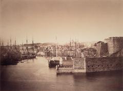Historic view of Brest port at high tide in 1858 with numerous ships docked and people near fortifications