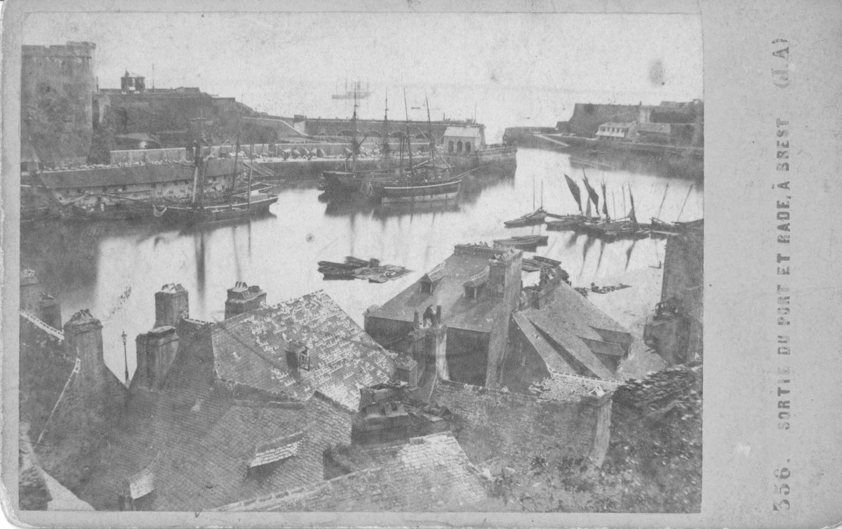 Historical port of Brest with an anchored ship during the 19th century stormy night