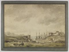 Aerial view of Brest port entrance with surrounding water and city landscape