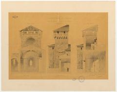 Architectural drawing of defense tower above apse of Cathédrale de Fréjus from 1891 restoration archives