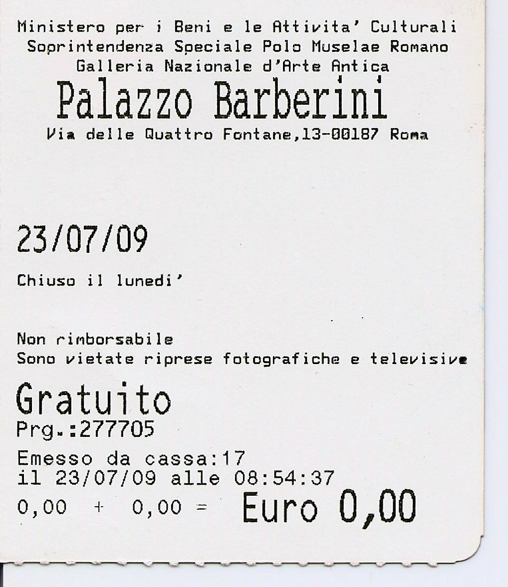 Ticket for Galleria Nazionale d'Arte Antica at Palazzo Barberini Rome