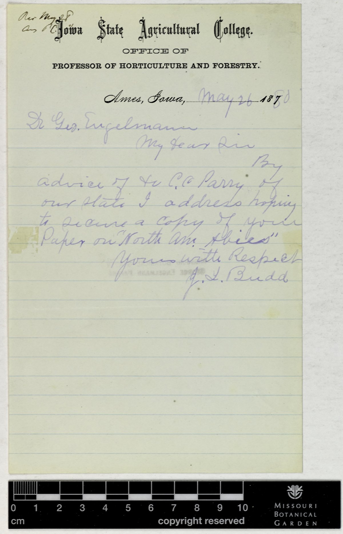 Handwritten correspondence letter between Joseph Budd and George Engelmann dated May 26, 1880