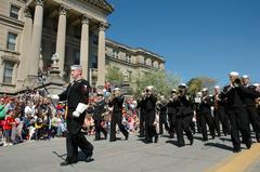 Navy Band Great Lakes parade band marching during VEISHEA celebration at Iowa State University