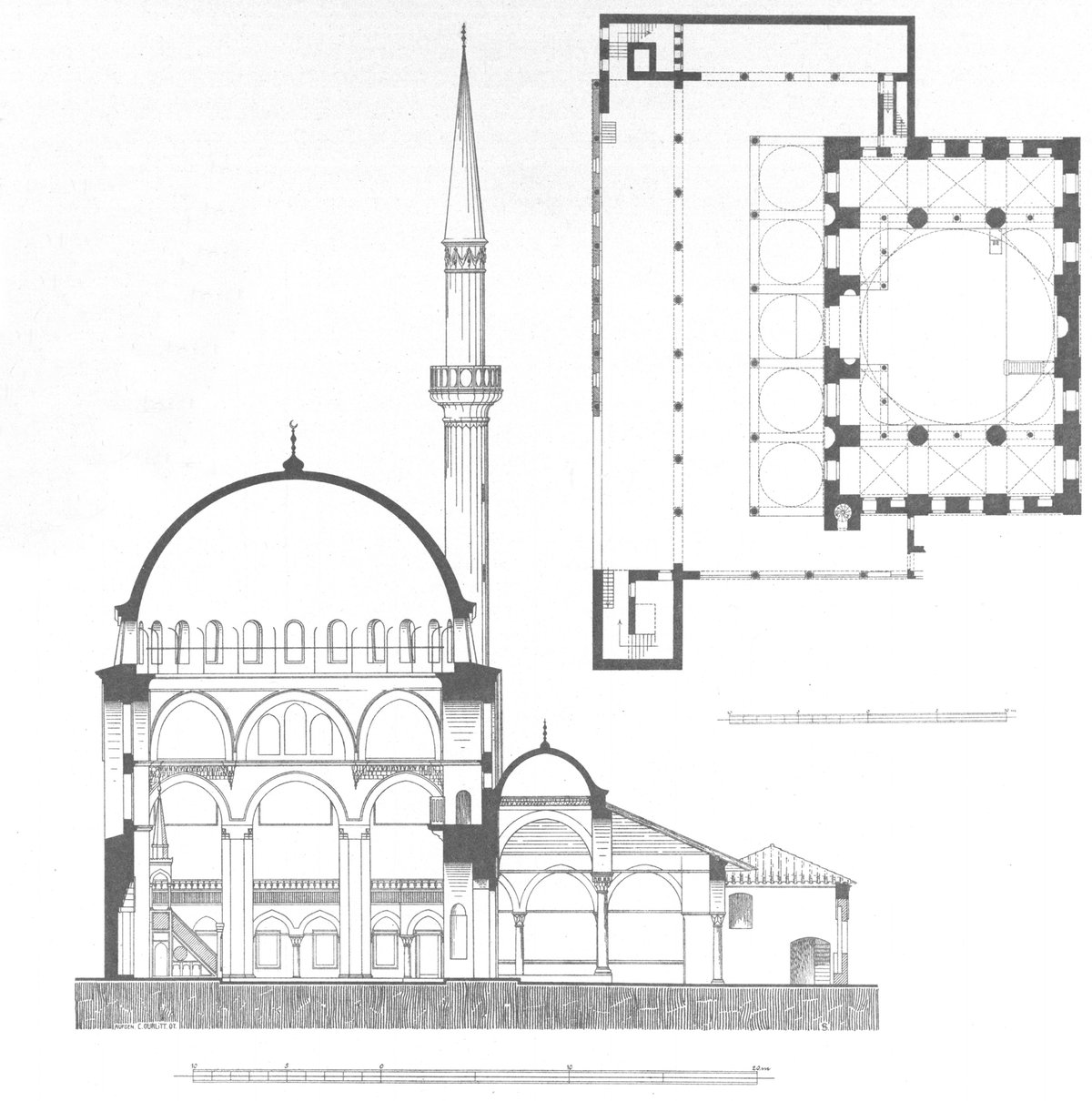 Architectural plan and section drawing of Rüstem Pasha Mosque in Istanbul