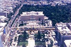 Aerial view of Syntagma Square with Greek Parliament and National Garden in Athens Greece
