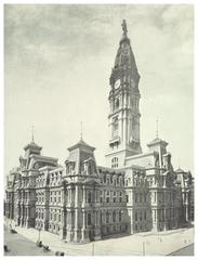 Historical photograph of a city hall building from 1897 with a tall clock tower and surrounding urban structures