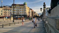 Lion's Bridge in Sofia, Bulgaria, illuminated at night with decorative lion statues