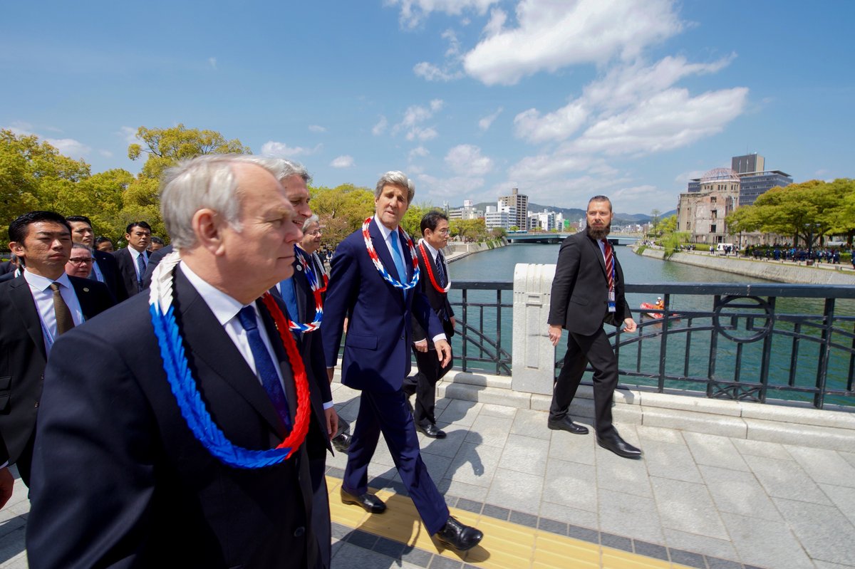 U.S. Secretary of State John Kerry walking with G7 counterparts at Hiroshima Peace Memorial