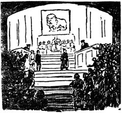 Sketch of a theatrical scene from Act 4 of The Merchant of Venice at the National Theater Bucharest in 1924