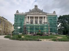 Façade reconstruction of Mahen Theatre under clear sky