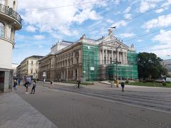 Renovated facade of Mahen Theatre under clear sky