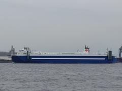 Cargo ship entering the entrance of Tokyo port under a clear sky
