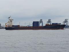 Cargo ship entering Tokyo port with cranes and industrial buildings in the background