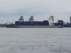 cargo ship entering Tokyo port under clear sky