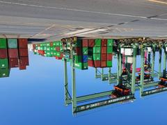 Evergreen cargo ship docked at Tokyo terminal under blue sky
