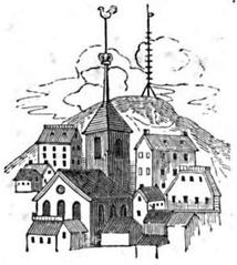 Illustration of King's Chapel, Boston, in 1720 with Beacon Hill in the distance