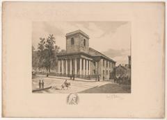 Exterior view of King's Chapel in Boston with adjacent cemetery, street railroad, man on horseback, pedestrians, and horse-drawn carriage