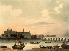 Engraving of Westminster Hall and Bridge from Microcosm of London 1810