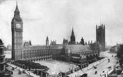 Palace of Westminster with building work in Millbank in early 1910s