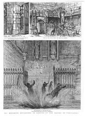 Illustration of the 1885 dynamite explosions at the Houses of Parliament in London, showing damaged stonework and scenes from the House of Commons chamber and Westminster Hall