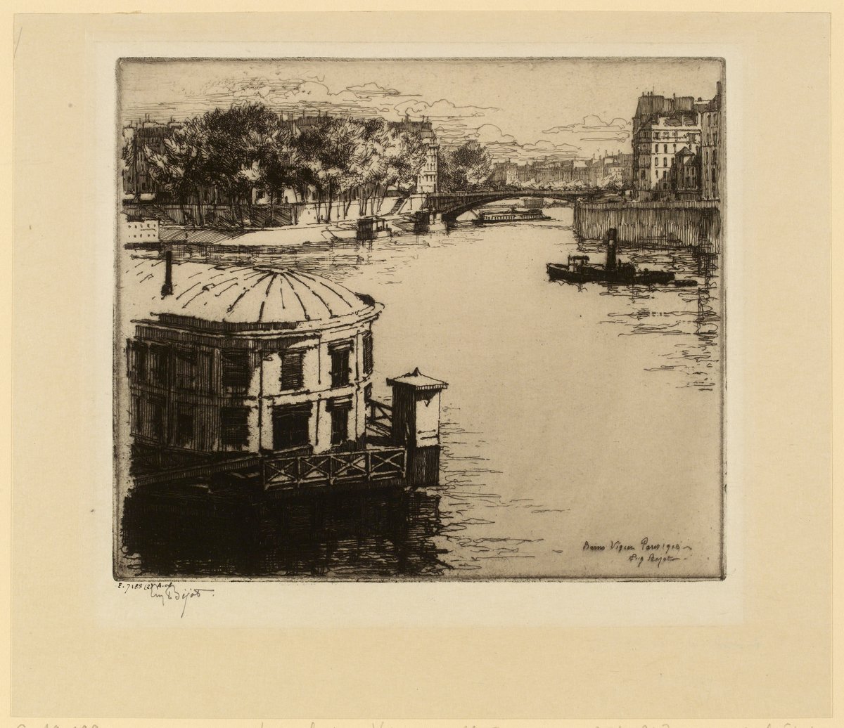 Eugène Béjot etching of Bains Vigier on the Seine River in Paris, showing Ile Saint-Louis, Pont Saint-Louis, metallic architecture, and river activity