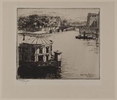 1905 etching of Bains Vigier near Quai de la Tournelle, Ile Saint-Louis, and Pont Saint-Louis with metallic architecture and river activity on the Seine