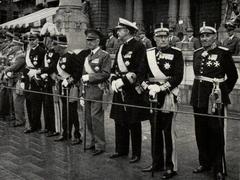 Military officials waiting in front of the Royal Dramatic Theater for King Gustaf V of Sweden's 85th birthday royal cortege on 16 June 1943