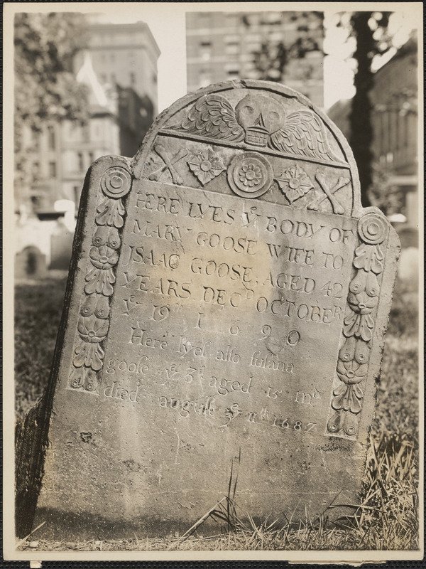Historic gravestone of Mary Goose and Susana Goose at Granary Burying Ground, Boston