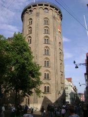 View of the Rundetaarn round tower and surrounding rooftops in Copenhagen, Denmark