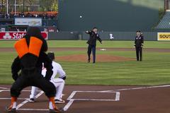 Sgt. Ryan Barger throwing ceremonial first pitch at Baltimore Orioles vs Toronto Blue Jays game