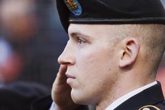 Sgt. Ryan Barger saluting during National Anthem at Baltimore Orioles vs Toronto Blue Jays game