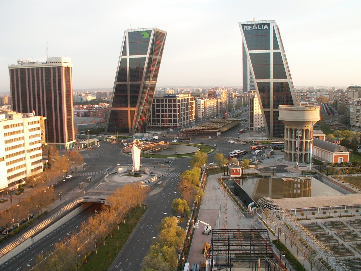 Panoramic view of Paseo de la Castellana with Puerta de Europa towers and Plaza de Castilla in Madrid