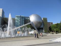 Nagoya City Science Museum building with distinctive spherical structure in Sakae, Nagoya