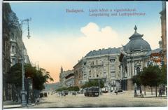 Historic view of Budapest Leopoldring and Lustspieltheater with streetcars in 1912