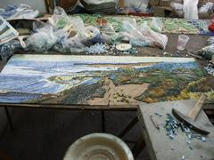 Traditional smalti mosaic backsplash of Malibu Pier by Mosaiclegs