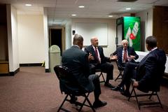 President Barack Obama backstage meet with Political Director Patrick Gaspard, Wisconsin Governor Jim Doyle, and Senator Herb Kohl at U.S. Cellular Arena Milwaukee August 2010