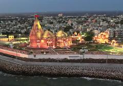 Aerial view of the 7th version of the Somnath Jyotirlinga temple along the Gujarat coastline