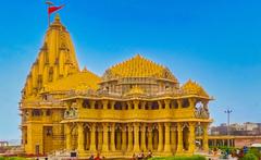 Aerial view of the 7th Somnath Jyotirlinga temple along the Gujarat coastline