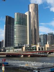 Batman Park helipad in Melbourne with King Street Bridge and Crown Casino Complex in background