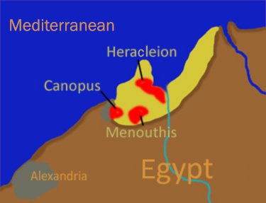 Map of Northern Egypt highlighting the lost ancient cities Heracleion, Canopus, and Menouthis