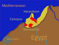 Map of Northern Egypt highlighting the lost ancient cities Heracleion, Canopus, and Menouthis